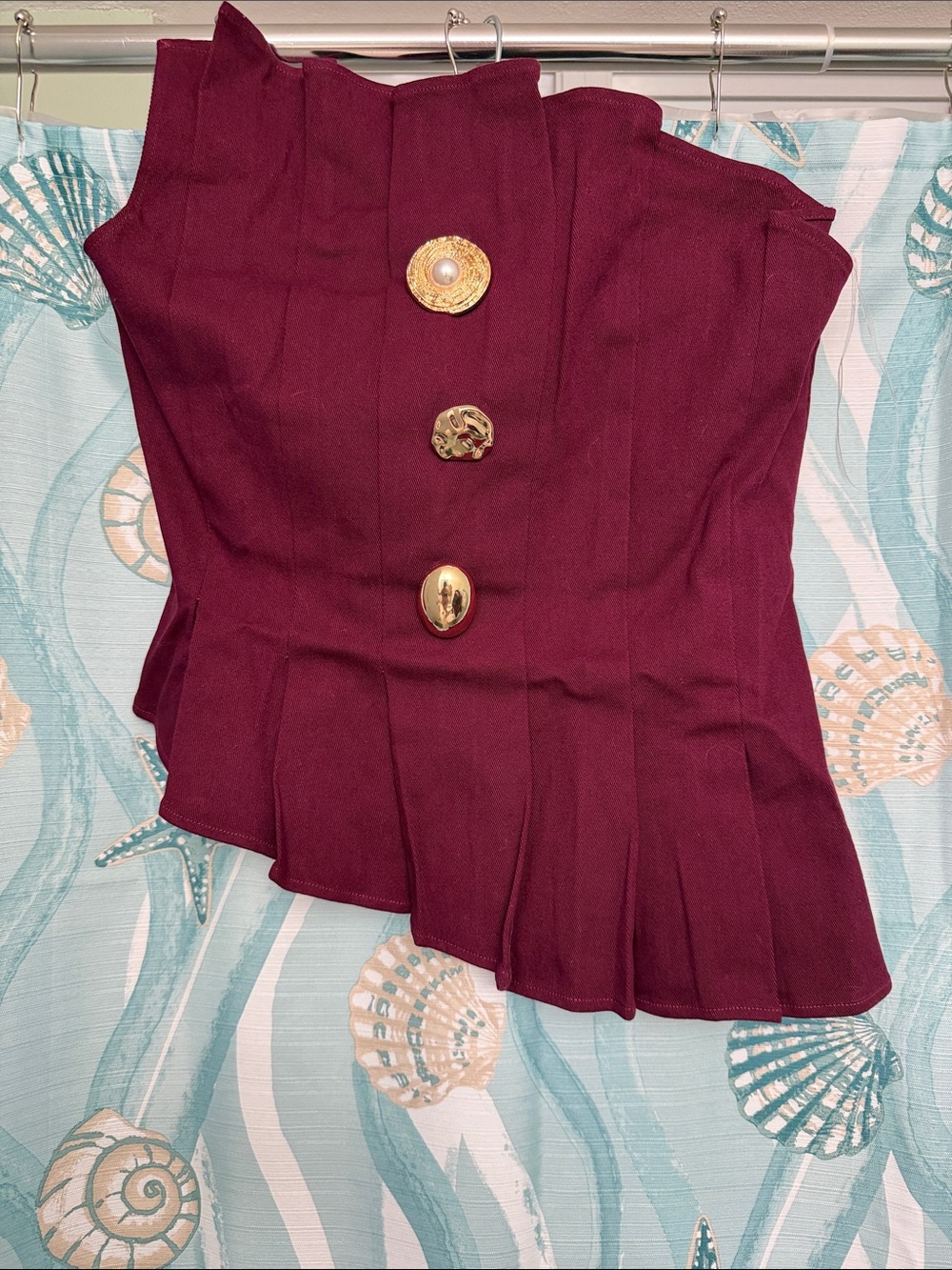 Pastels Burgundy Strapless Pleated Top with Gold Buttons
